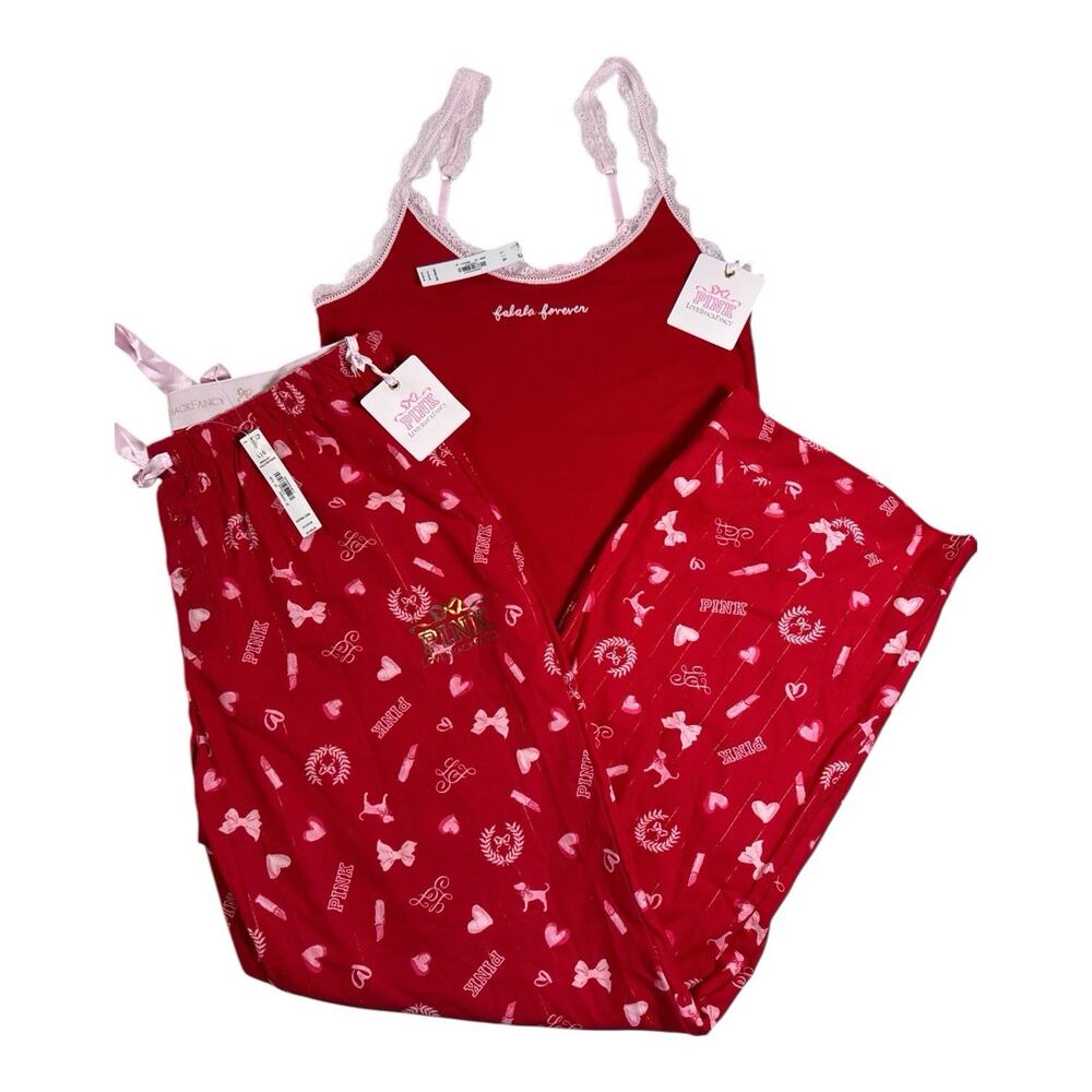 LoveShackFancy Red Camisole & Printed Pajama Pants Set with Pink Trim